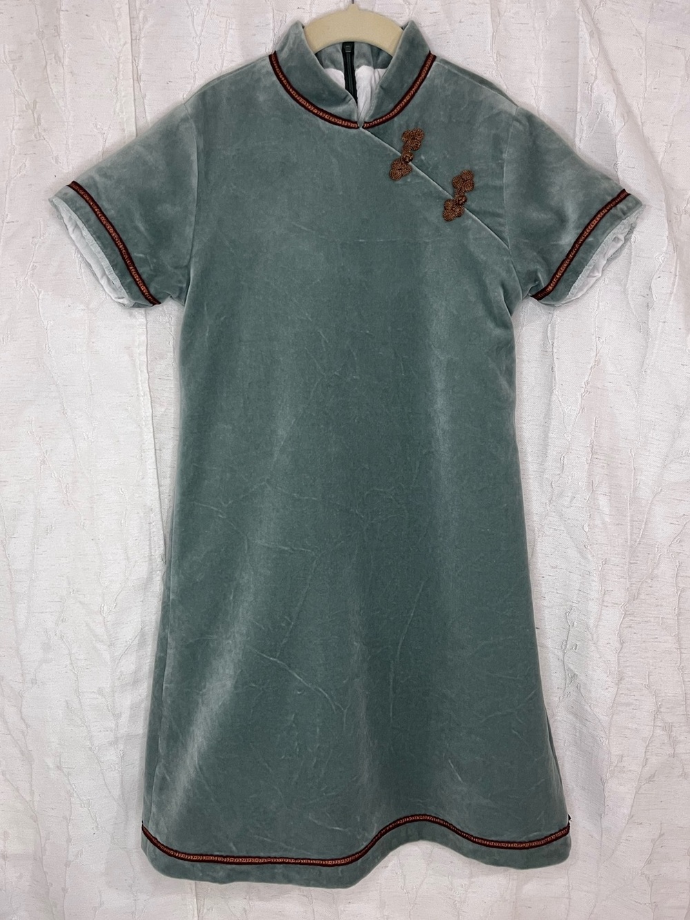 Papo d'Anjo Green Velvet Mandarin Collar Short Sleeve Dress 12 Years